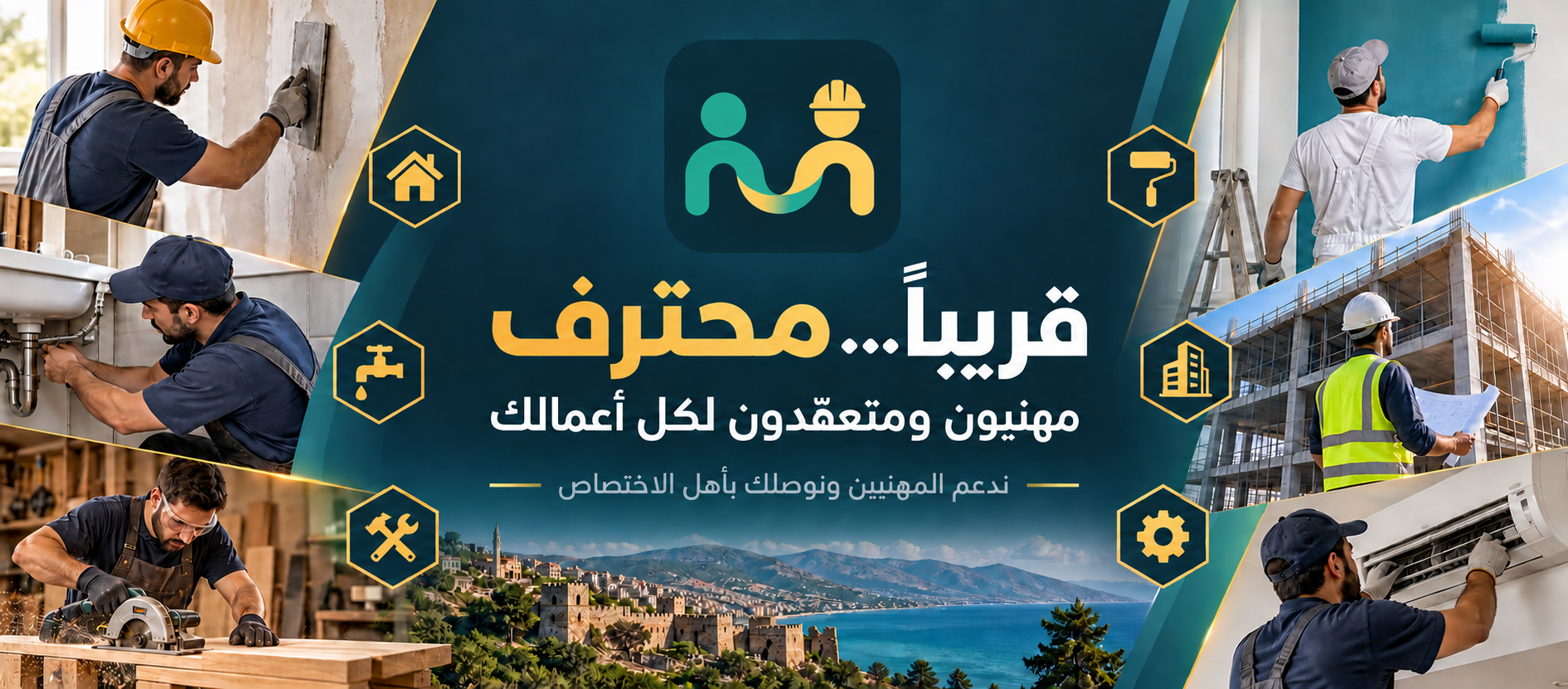 هوية محترف تجمع الزبون والمهني، مع صور توضيحية لمهن الصيانة والبناء